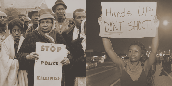 Left: Image of African American protesters in the 1960s with a sign reading "Stop Police Killings"; Right: Protester from 2010s with sign reading "Hands Up! Don't Shoot!"